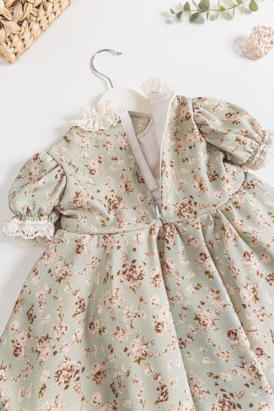 Vintage Model Güpürlü Kısa Kollu Kız Çocuk Elbise YEŞİL - 2 Yaş