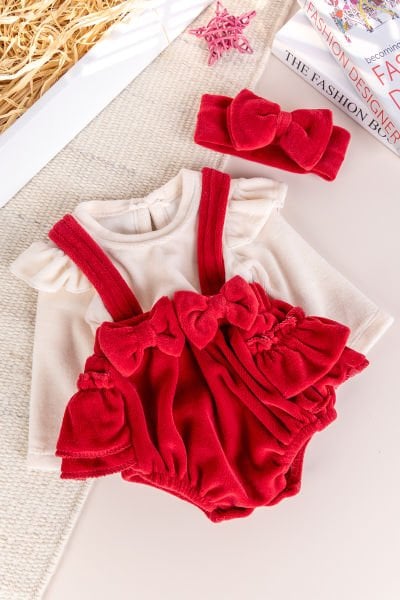 Fiyonklu Bandanalı Kadife Kız Bebek Tulum Salopet Bebek Elbise