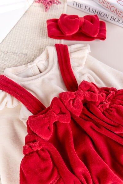 Fiyonklu Bandanalı Kadife Kız Bebek Tulum Salopet Bebek Elbise