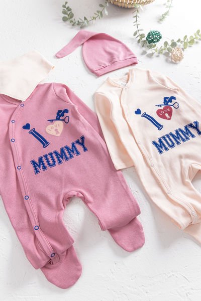 I Love Mummy Baskılı 2'li Uzun Kollu Kız/Erkek Bebek Tulum Takım PEMBE - 3-6 AY