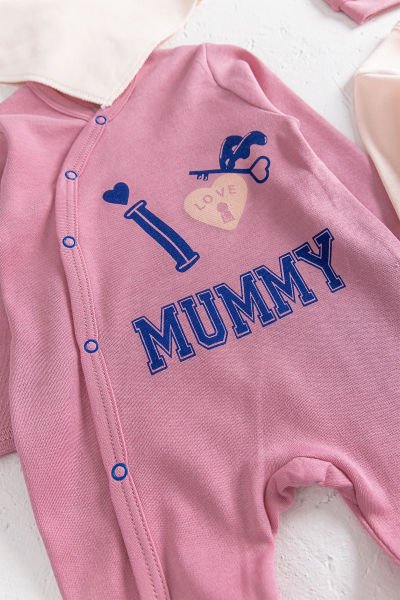 I Love Mummy Baskılı 2'li Uzun Kollu Kız/Erkek Bebek Tulum Takım PEMBE - 3-6 AY
