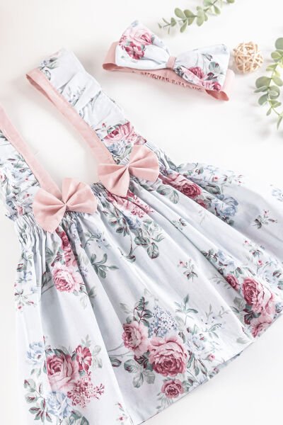 Çiçek Desenli Bandanalı Askılı Kız Çocuk Salopet Elbise