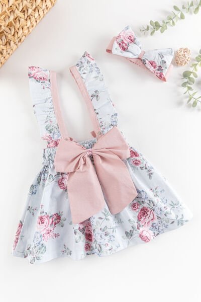 Çiçek Desenli Bandanalı Askılı Kız Çocuk Salopet Elbise