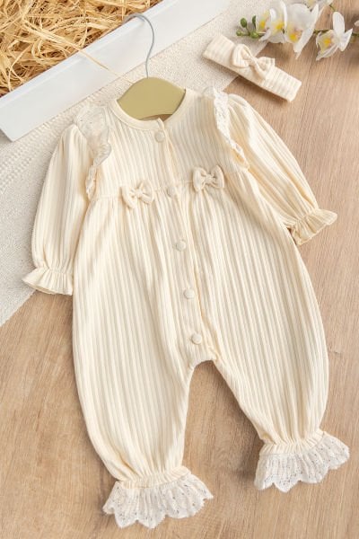 Güpürlü Fiyonklu  %100 Pamuk Penye Kız Bebek Tulum