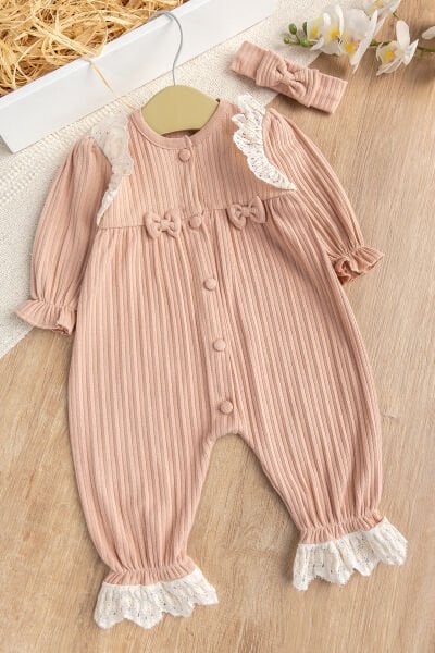 Güpürlü Fiyonklu  %100 Pamuk Penye Kız Bebek Tulum