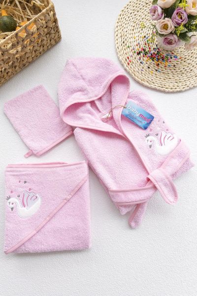 Kuğu İşlemeli Kız Çocuk Bornoz Seti