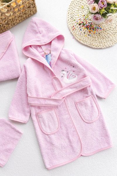 Kuğu İşlemeli Kız Çocuk Bornoz Seti