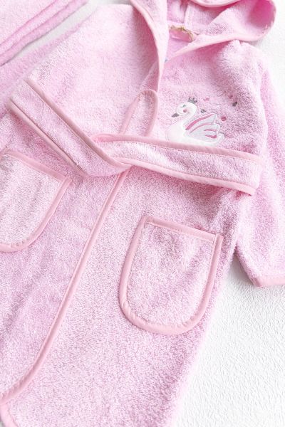 Kuğu İşlemeli Kız Çocuk Bornoz Seti