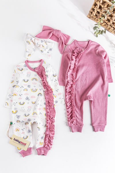 Fırfırlı Gökkuşağı Desenli İkili Uzun Kollu Kız Bebek Tulum Takım Gül kurusu -  6-9 AY