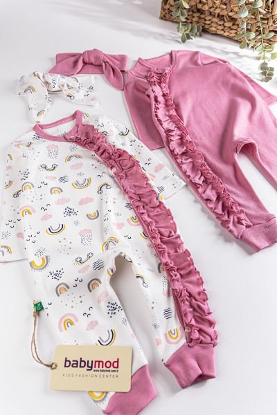 Fırfırlı Gökkuşağı Desenli İkili Uzun Kollu Kız Bebek Tulum Takım Gül kurusu -  6-9 AY