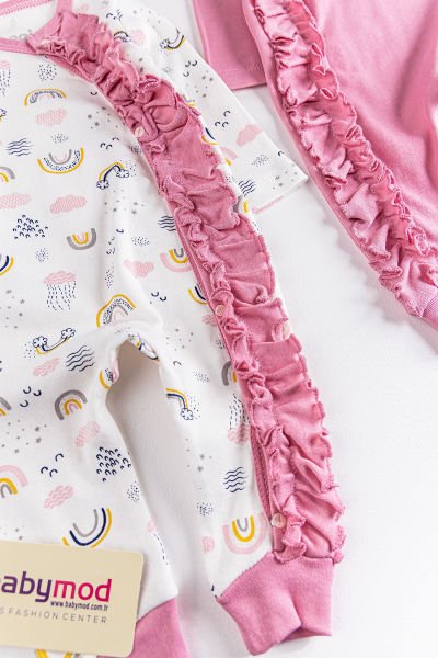 Fırfırlı Gökkuşağı Desenli İkili Uzun Kollu Kız Bebek Tulum Takım Gül kurusu -  6-9 AY