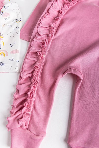 Fırfırlı Gökkuşağı Desenli İkili Uzun Kollu Kız Bebek Tulum Takım Gül kurusu -  6-9 AY