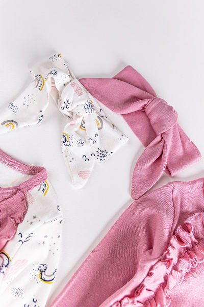 Fırfırlı Gökkuşağı Desenli İkili Uzun Kollu Kız Bebek Tulum Takım Gül kurusu -  6-9 AY