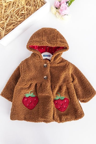 Çilek İşlemeli Kapüşonlu Kız Bebek Peluş Mont KAHVERENGİ - 18 Ay