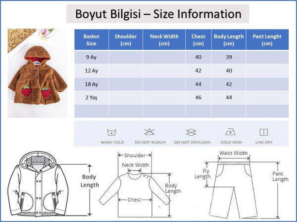 Çilek İşlemeli Kapüşonlu Kız Bebek Peluş Mont KAHVERENGİ - 18 Ay