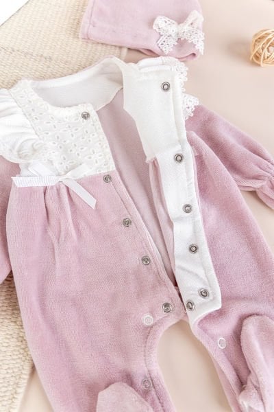 Fiyonklu Kadife Kışlık Kız Bebek Tulum Set