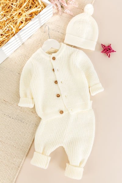 Triko Hırkalı Kışlık Selanik Örgü Kız/Erkek Bebek Takım şapkalı