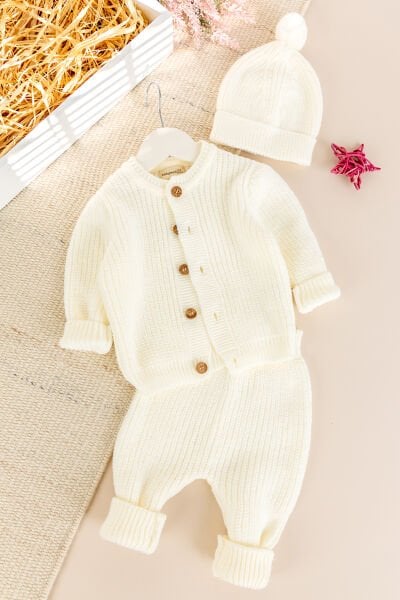 Triko Hırkalı Kışlık Selanik Örgü Kız/Erkek Bebek Takım şapkalı