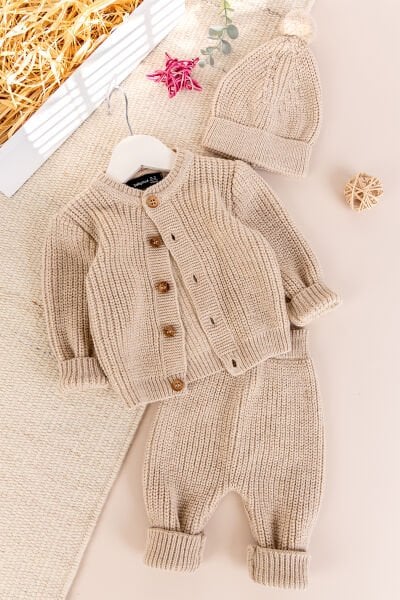 Triko Hırkalı Kışlık Selanik Örgü Kız/Erkek Bebek Takım şapkalı