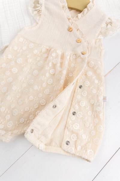 %100 Pamuk Tüllü Fırfırlı Yazlık Kız Bebek Müslin Tulum Krem