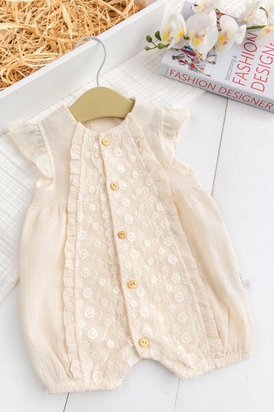 %100 Pamuk Tüllü Fırfırlı Yazlık Kız Bebek Müslin Tulum Krem