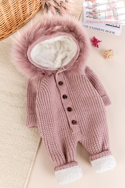 Triko Örgü Kışlık İçi Welsoft Astarlı Kapüşonlu Kız/Erkek Bebek Tulum Gül kurusu - 3-6 AY