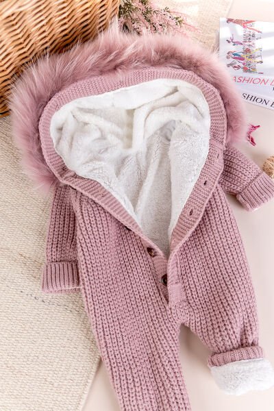 Triko Örgü Kışlık İçi Welsoft Astarlı Kapüşonlu Kız/Erkek Bebek Tulum Gül kurusu - 3-6 AY