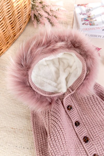 Triko Örgü Kışlık İçi Welsoft Astarlı Kapüşonlu Kız/Erkek Bebek Tulum Gül kurusu - 3-6 AY