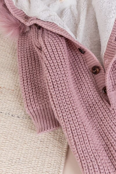 Triko Örgü Kışlık İçi Welsoft Astarlı Kapüşonlu Kız/Erkek Bebek Tulum Gül kurusu -  12-18 AY