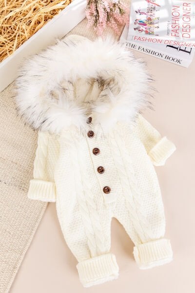 Triko Örgü Kışlık İçi Welsoft Astarlı Kapüşonlu Kız/Erkek Bebek Tulum