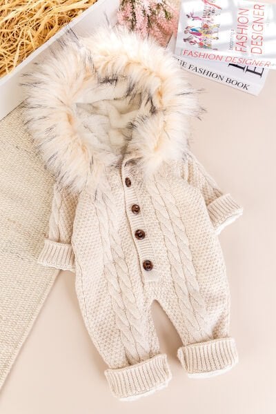 Triko Örgü Kışlık İçi Welsoft Astarlı Kapüşonlu Kız/Erkek Bebek Tulum