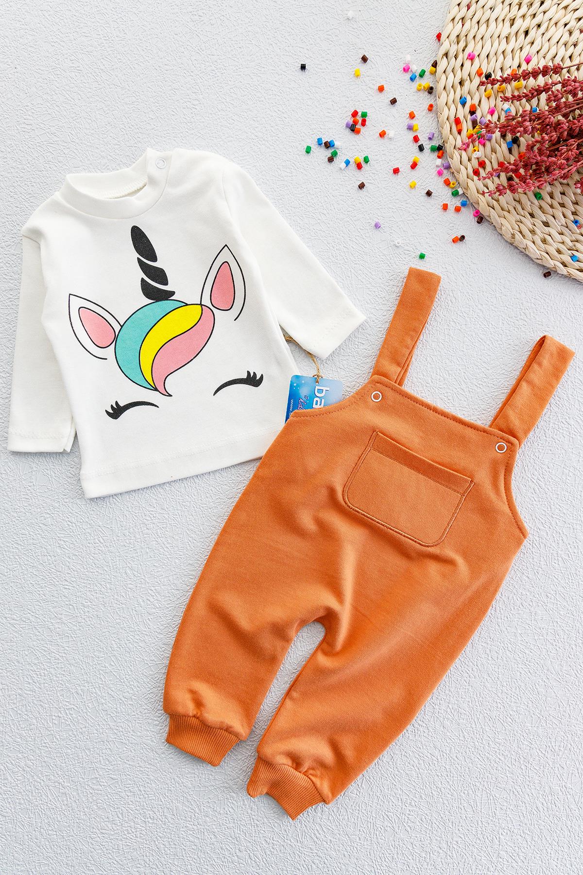 Unicorn Kanatlı Kız Bebek Salopet Tulum Bebek Takım Tarçın  -  9-12 AY