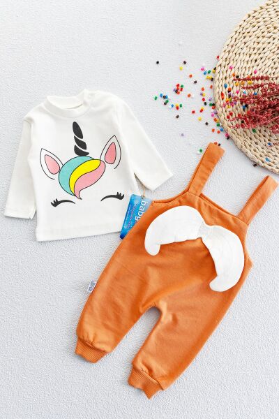 Unicorn Kanatlı Kız Bebek Salopet Tulum Bebek Takım Tarçın  -  9-12 AY