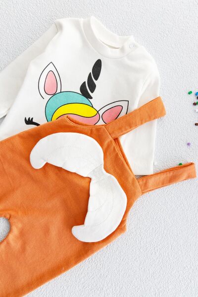 Unicorn Kanatlı Kız Bebek Salopet Tulum Bebek Takım Tarçın  -  9-12 AY
