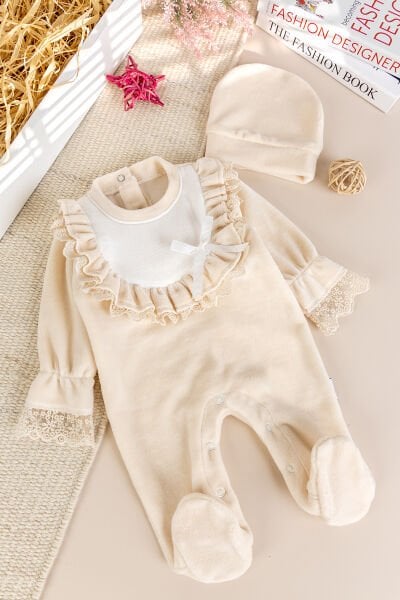 Güpürlü Pamuklu Kışlık Kadife Kız Bebek Tulum Set