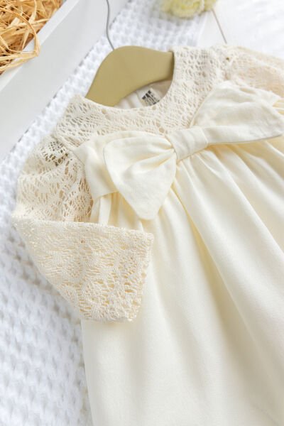 Fiyonklu  Dantelli Kız Bebek  Elbise Pembe  Şık Doğum günü Özel gün Bebek Elbise KREM - 24 Ay