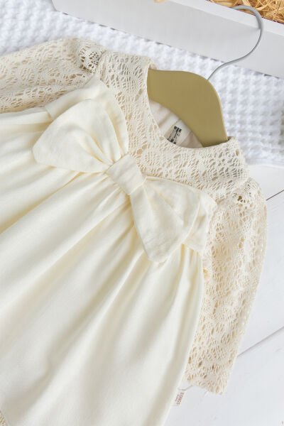 Fiyonklu  Dantelli Kız Bebek  Elbise Pembe  Şık Doğum günü Özel gün Bebek Elbise KREM - 24 Ay