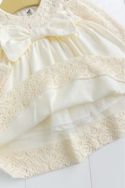 Fiyonklu  Dantelli Kız Bebek  Elbise Pembe  Şık Doğum günü Özel gün Bebek Elbise KREM - 24 Ay