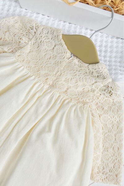 Fiyonklu  Dantelli Kız Bebek  Elbise Pembe  Şık Doğum günü Özel gün Bebek Elbise KREM - 24 Ay