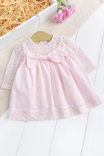 Fiyonklu  Dantelli Kız Bebek  Elbise Pembe  Şık Doğum günü Özel gün Bebek Elbise PEMBE - 24 Ay
