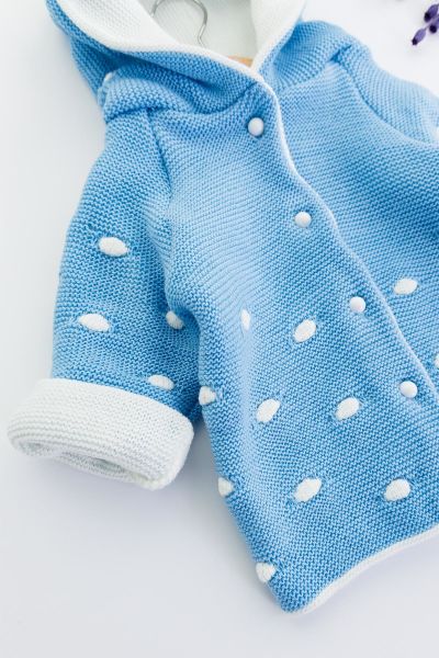 Kapüşonlu Mavi Erkek Bebek Çift Katlı Triko Hırka