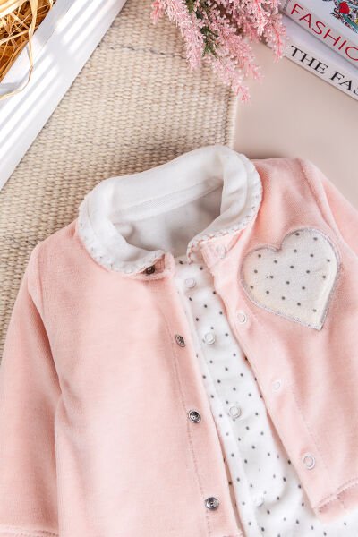 Hırkalı Bebe Yaka 2'li Kadife Kışlık Kız Bebek Tulum Set SOMON -  0-3 AY