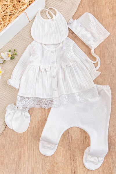 Güpürlü Fiyonklu %100 Pamuklu Kız Bebek Hastane çıkışı Bebek Takım Krem