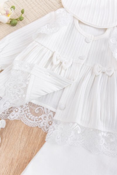 Güpürlü Fiyonklu %100 Pamuklu Kız Bebek Hastane çıkışı Bebek Takım Krem