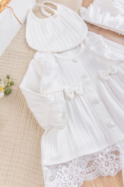 Güpürlü Fiyonklu %100 Pamuklu Kız Bebek Hastane çıkışı Bebek Takım Krem