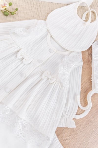 Güpürlü Fiyonklu %100 Pamuklu Kız Bebek Hastane çıkışı Bebek Takım Krem