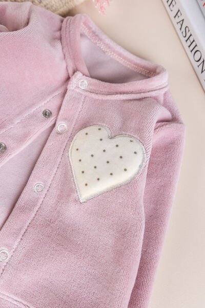 Hırkalı Bebe Yaka 2'li Kadife Kışlık Kız Bebek Tulum Set Gül kurusu - 3-6 AY