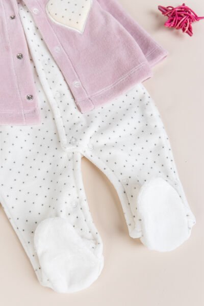 Hırkalı Bebe Yaka 2'li Kadife Kışlık Kız Bebek Tulum Set Gül kurusu - 3-6 AY