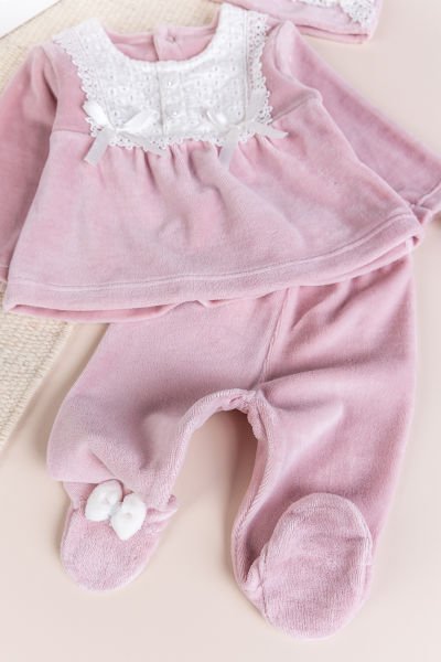 Fistolu Kışlık Kadife Kız Bebek Takım Set