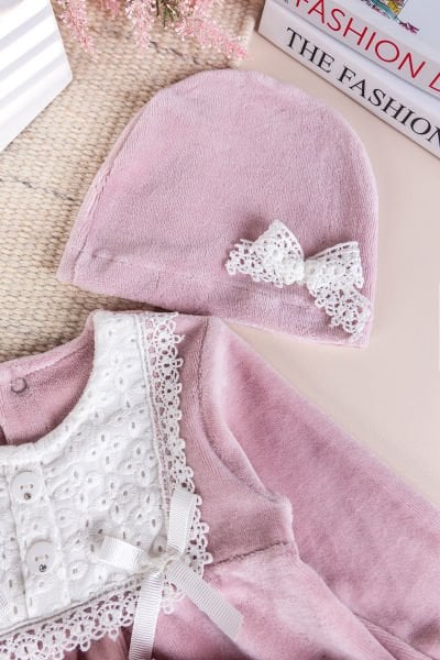 Fistolu Kışlık Kadife Kız Bebek Takım Set